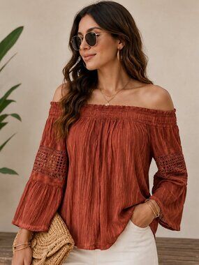 Pinky Boho Off Shoulder Rust Textured Bell Sleeve Blouse L NWT